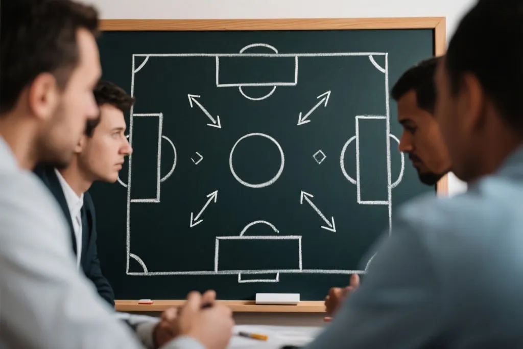 战术板上的阵型与线路示意，教练在替补席做笔记