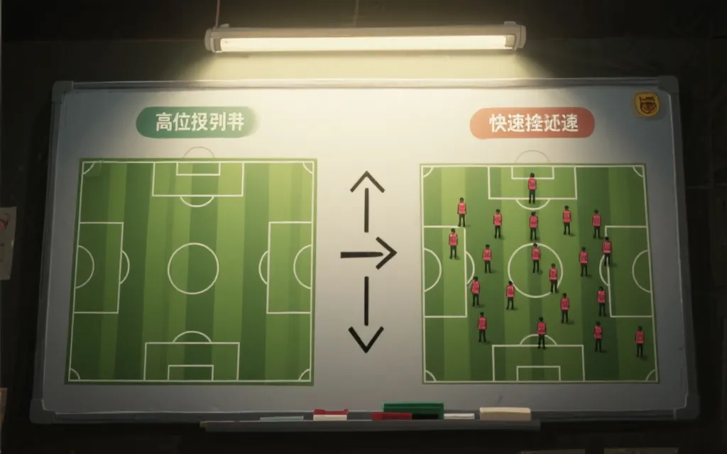电影感足球战术板：高位逼抢与快速反击的对比，箭头与站位清晰
