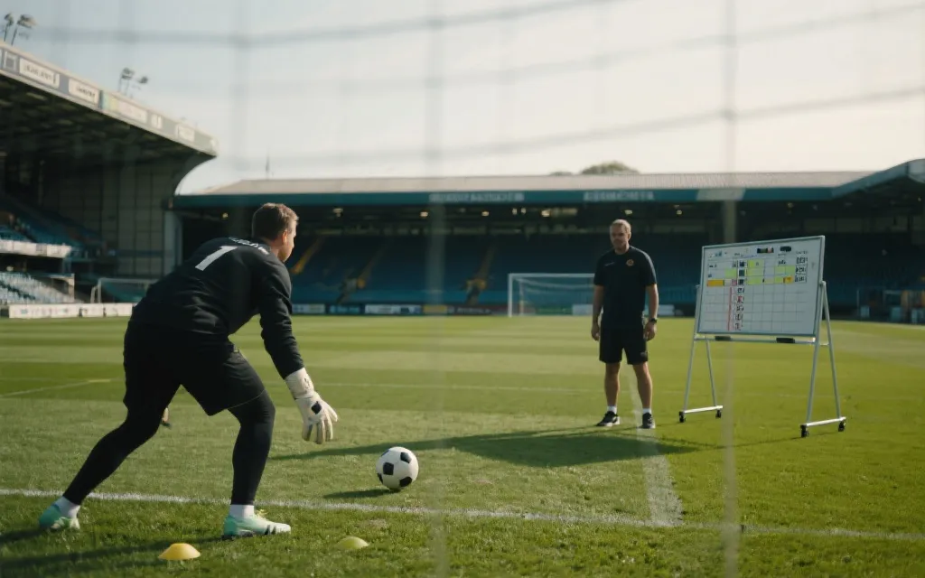 门将点球训练场景：教练与数据板、门将观察罚球者助跑